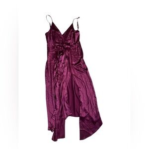 Shona Joy Burgundy Satin Wrap Maxi Dress Side Slit V Neck Size 6